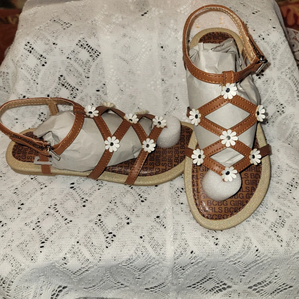 BCBG Girls Brown Sandals with White Floral Accents. New In Box